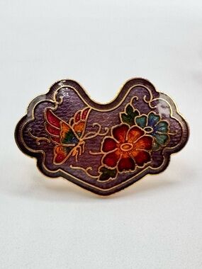 Vintage SITI Cloisonné Scarf Clip Butterfly Flowers Cottagecore Shabby Chic